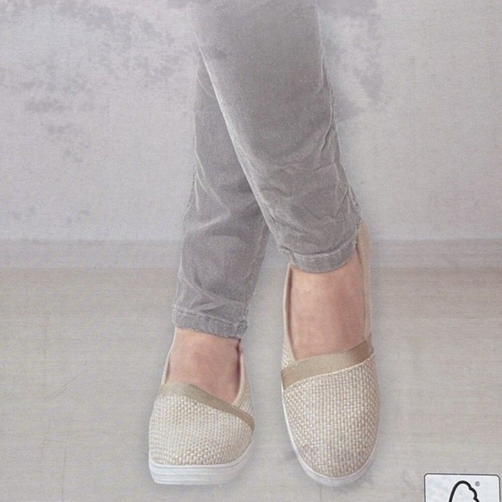 Memory Foam A-Line Shoes Woven Fabric Cream Gold Serra Ladies Slip On Sz 8 New